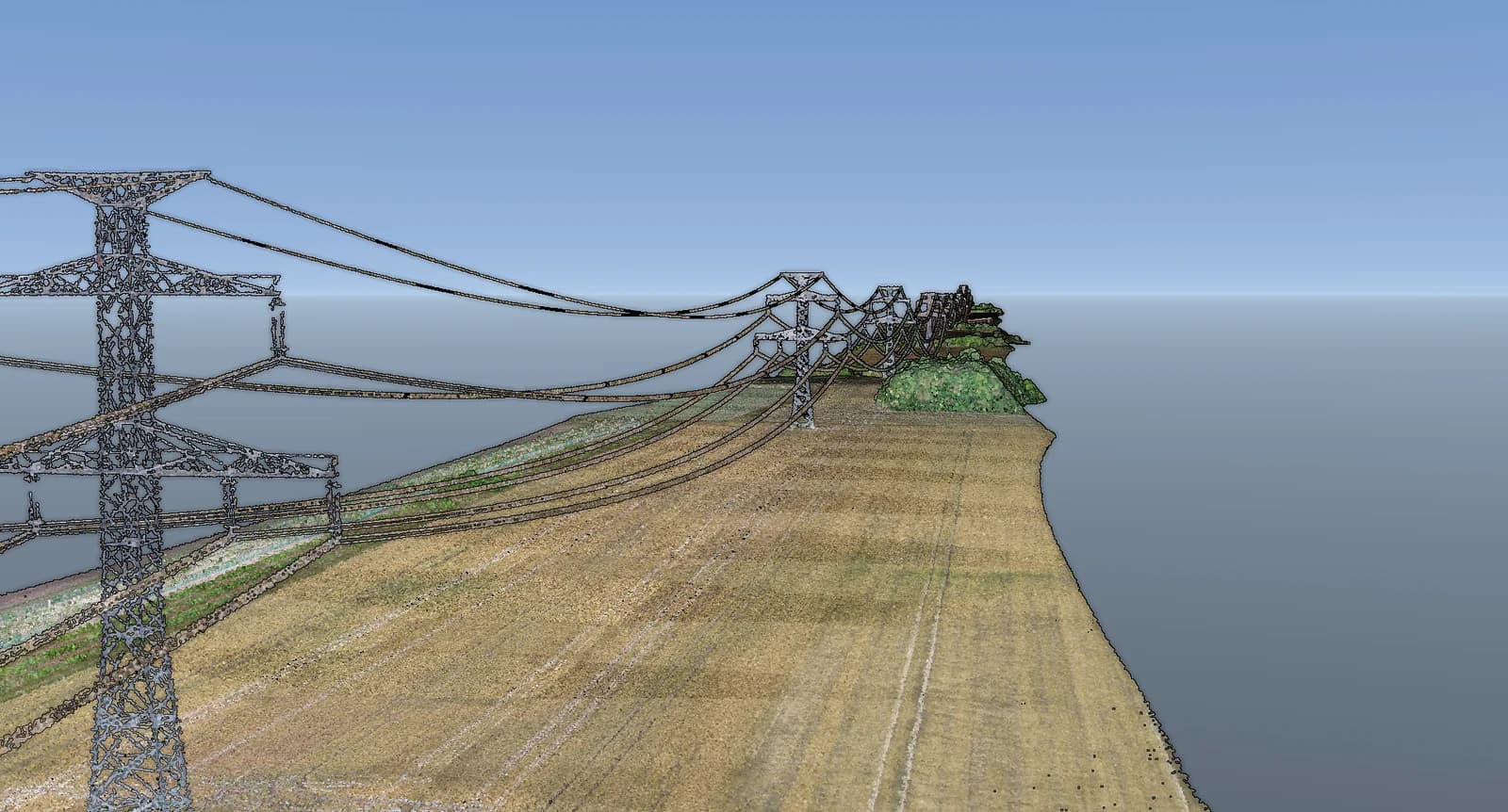 Processed LiDAR point cloud of a power line corridor with lattice towers and conductors