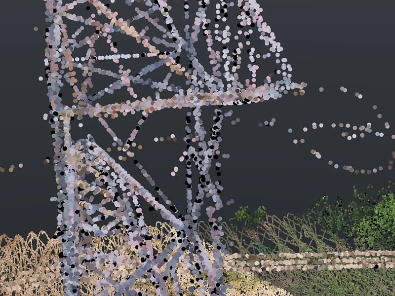 Drone camera view of a tower's lattice bracing