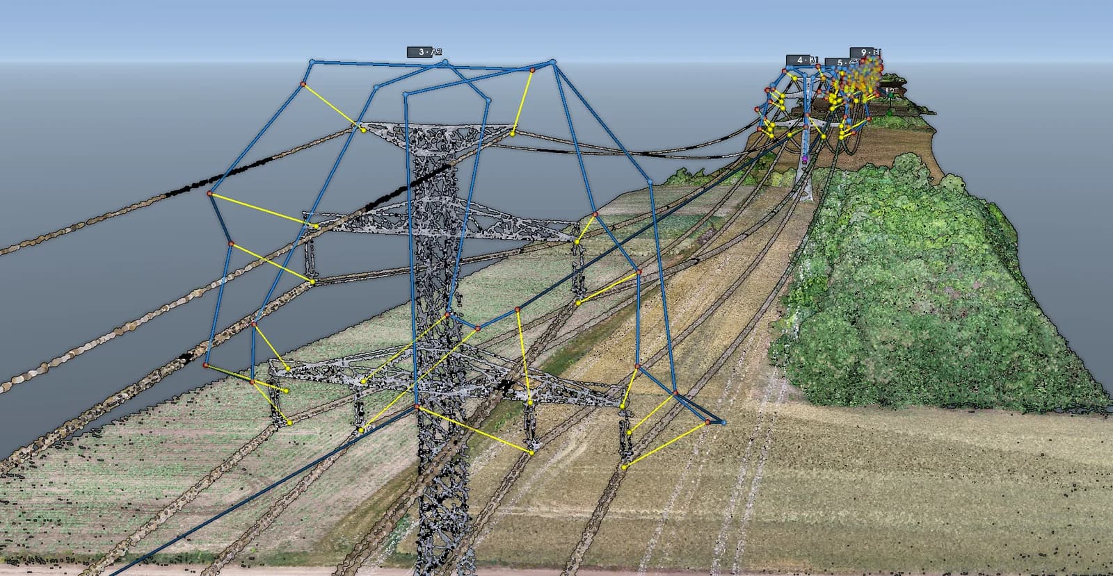 Planned flight path drawn in blue around a lattice tower, with the next towers of the flight behind it